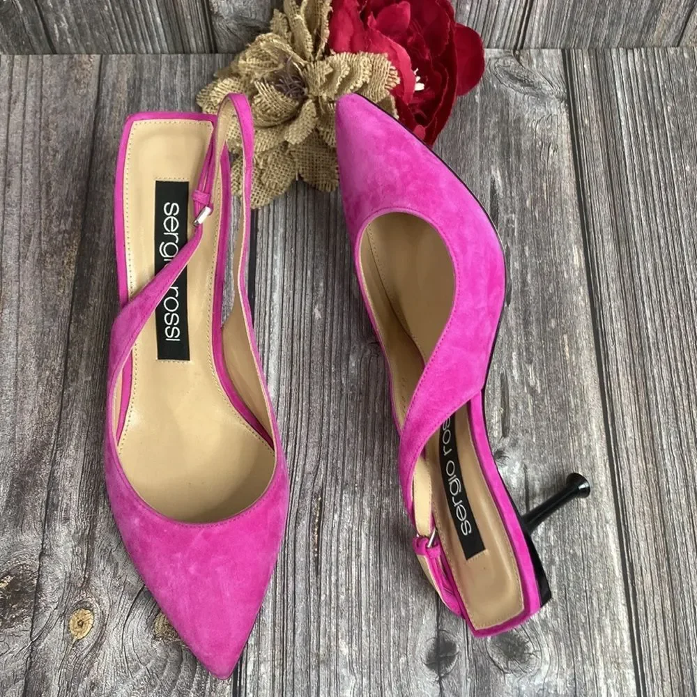 Sergio Rossi Scarpe Donna Pink Suede Slingback Pumps 39M - Picture 3 of 8